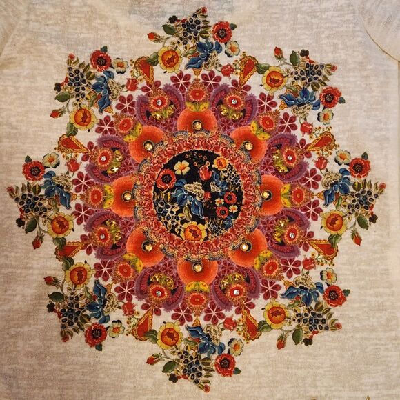 Desigual Prisca White L/S High Low Top, Colorful Mandala, Sheer Pleats, Sz 8 - Picture 6 of 13